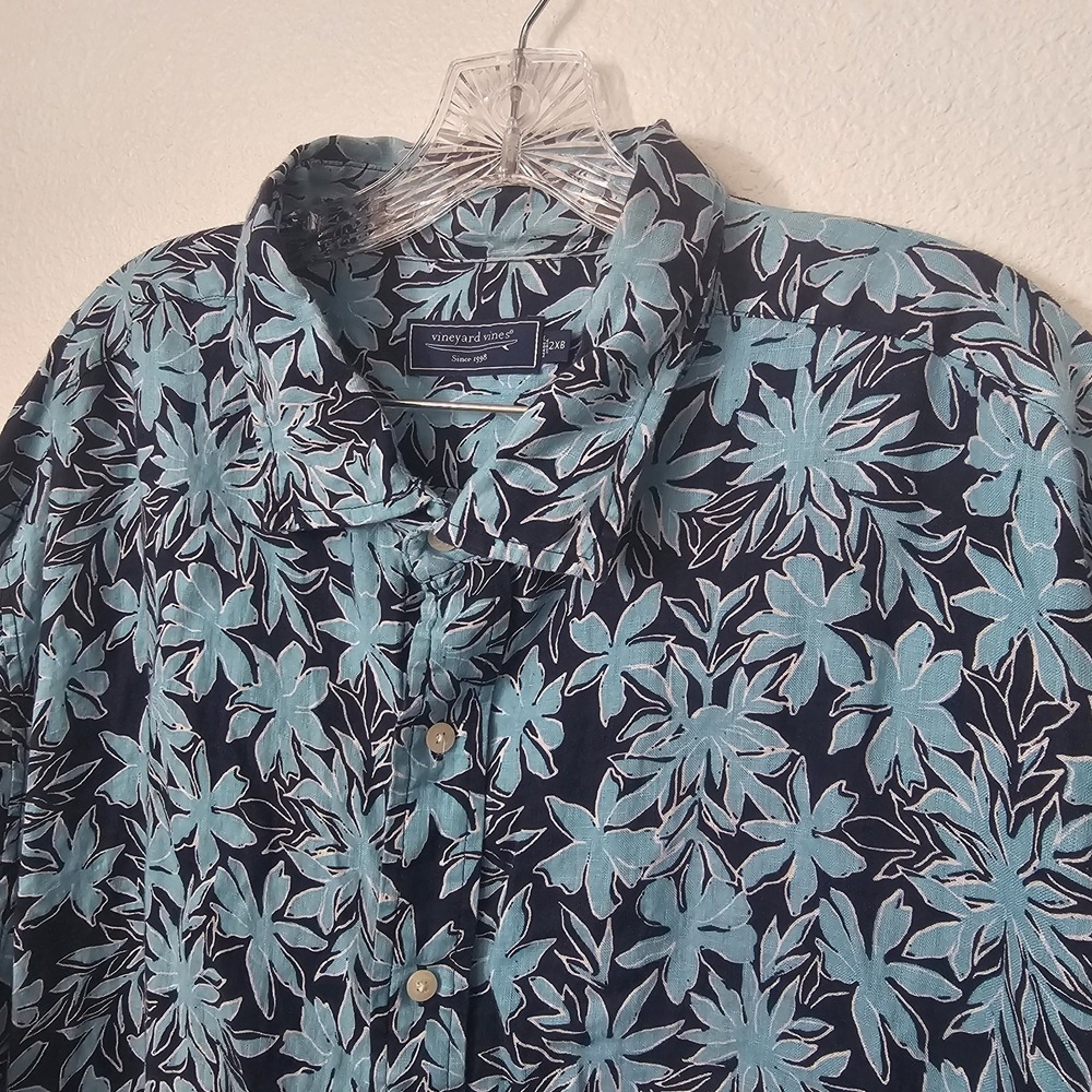 VINEYARD VINES Men's Dockside Floral Short Sleeve Linen Shirt Blue Turquoise 2XB